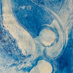 Forme fluide blu e bianche astratte che evocano trasformazione, grazia e passaggio spirituale tra vita e morte.